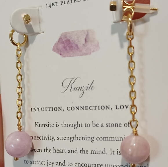 LUNA NORTE 14K GOLD PLATED BRASS KUNZITE GEMSTONE CHAIN EARRINGS - Picture 8 of 9